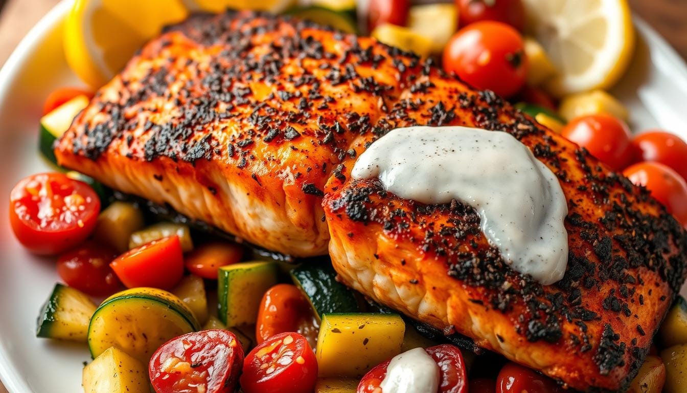 Blackened Salmon with a crispy spice crust, served with cherry tomatoes, zucchini, and a creamy sauce on a white plate.