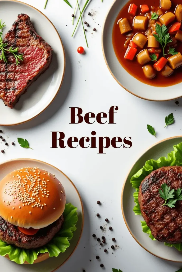 A top-down view of a beautifully arranged selection of beef dishes, including a grilled steak, a hearty beef stew with vegetables, a classic beef burger with lettuce and sesame seed bun, and a juicy beef patty on a bed of greens. The text 'Beef Recipes' is displayed in the center.