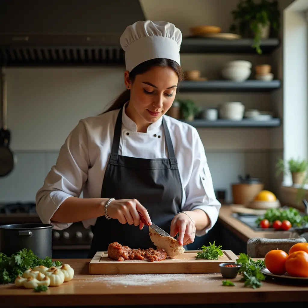 A smiling female chef with long blonde hair in a white chef's jacket, holding a beautifully plated dish with vegetables and a protein garnish in a professional kitchen.