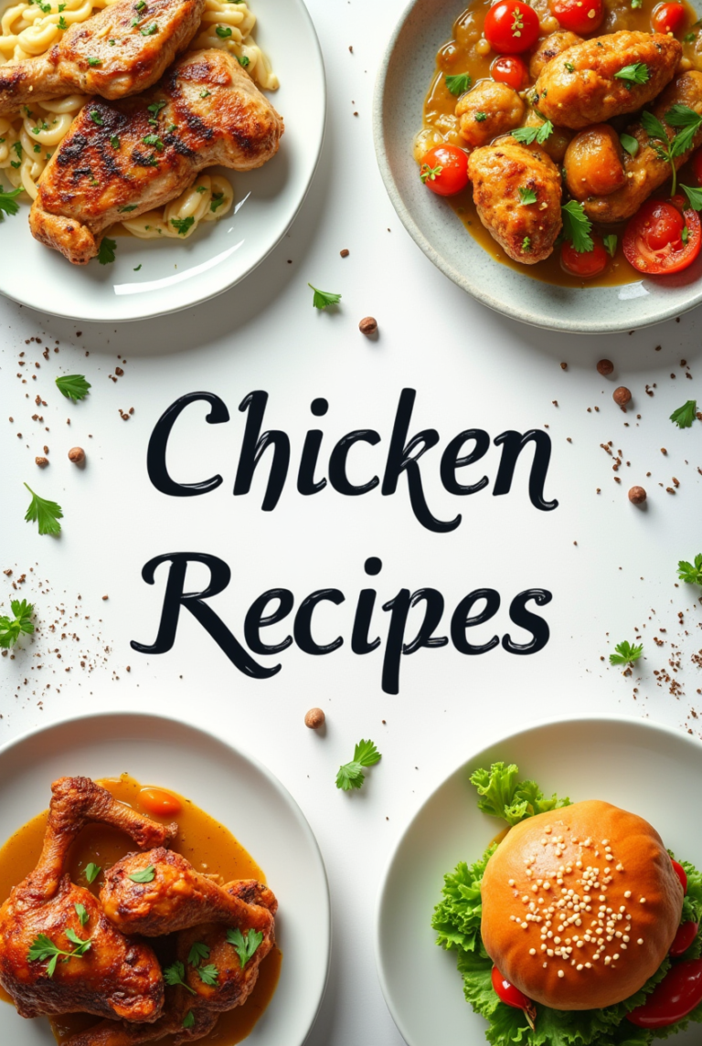 A collection of delicious chicken dishes, including grilled chicken with pasta, chicken stew with tomatoes, fried chicken in sauce, and a chicken burger, arranged around the text "Chicken Recipes.