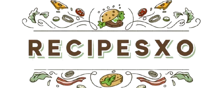 RecipesXO logo featuring a decorative design with food elements such as a burger, cheese, tomatoes, bacon, and herbs.