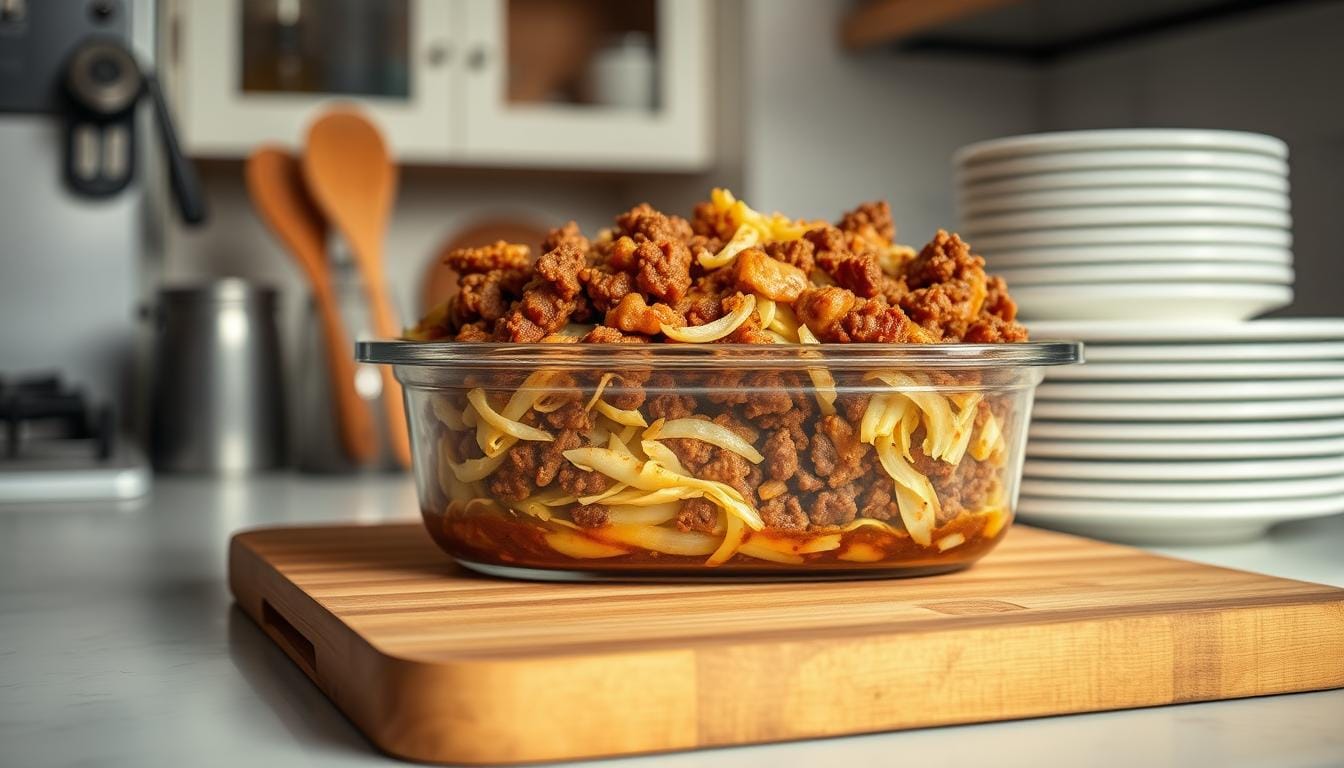 A homemade Cabbage Ground Beef Casserole in a glass baking dish, layered with cooked cabbage, seasoned ground beef, and a rich sauce, sitting on a wooden cutting board in a cozy kitchen.