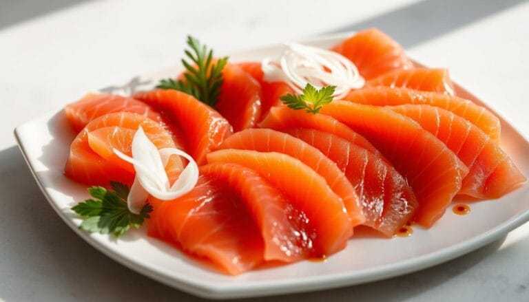 A plate of fresh salmon sashimi with garnishes of parsley and thinly sliced onions, lightly drizzled with soy sauce, presented on a white dish.