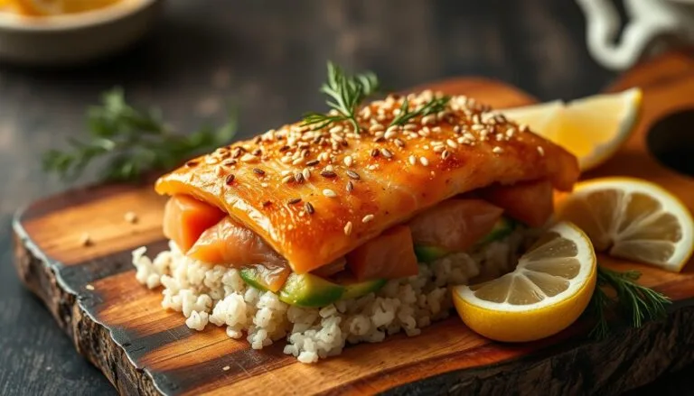 A beautifully plated salmon sushi bake featuring layers of seasoned rice, avocado, and fresh salmon, topped with a golden, sesame-crusted glaze, served with lemon slices on a wooden board.