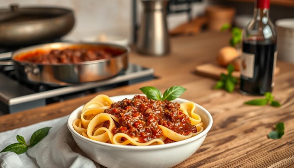 A bowl of fresh pasta topped with a rich beef cheek meat ragu sauce, garnished with basil leaves, set on a wooden kitchen countertop with a pot and wine bottle in the background.