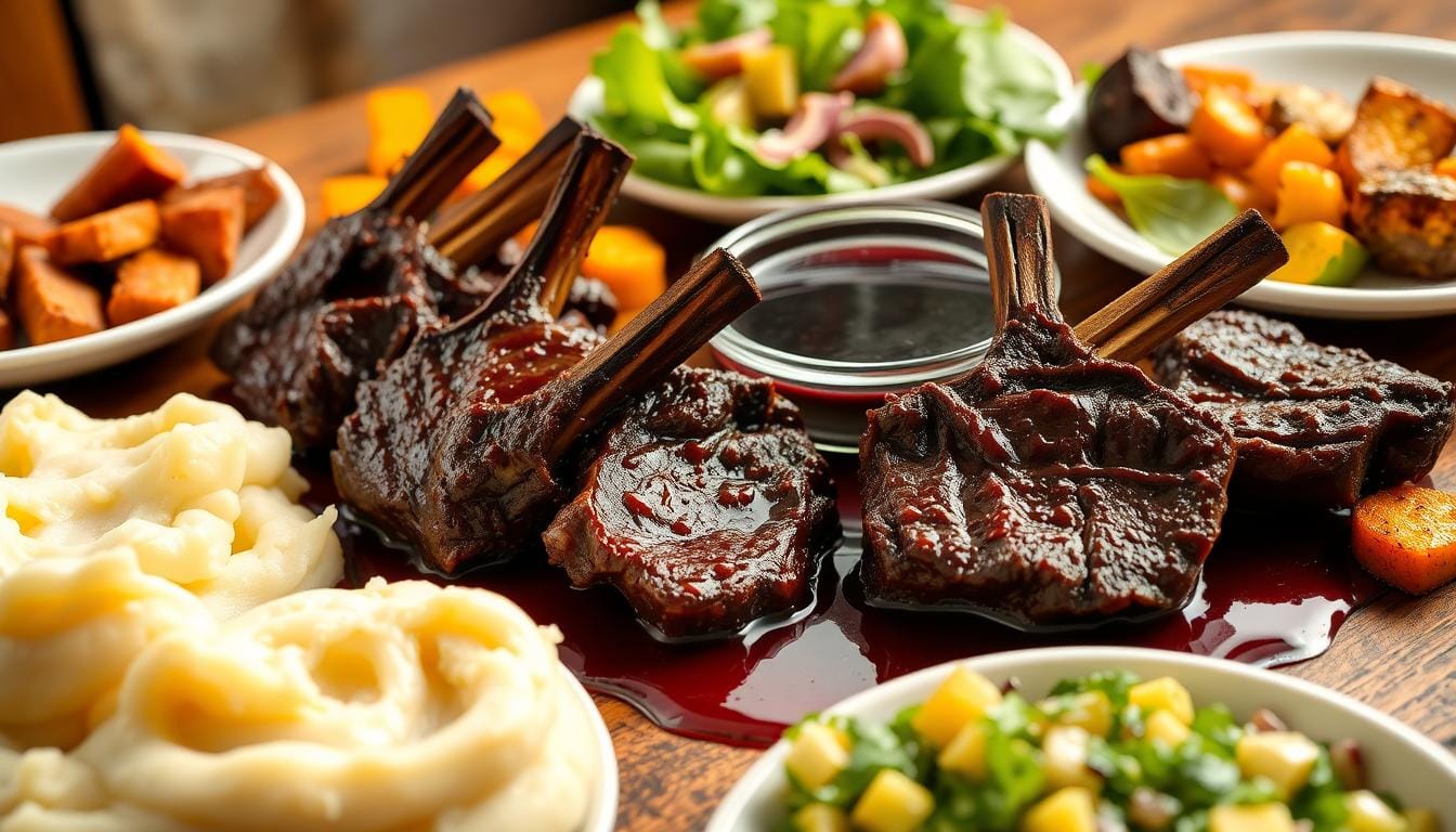 Grilled beef cheek meat ribs glazed with a rich sauce, surrounded by mashed potatoes, roasted vegetables, fresh salad, and dipping sauce, served on a rustic wooden table.