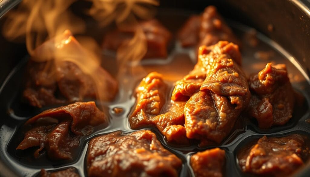 Close-up of tender beef cheek meat marinating in a rich, flavorful sauce, with steam rising, highlighting its slow-cooked preparation.