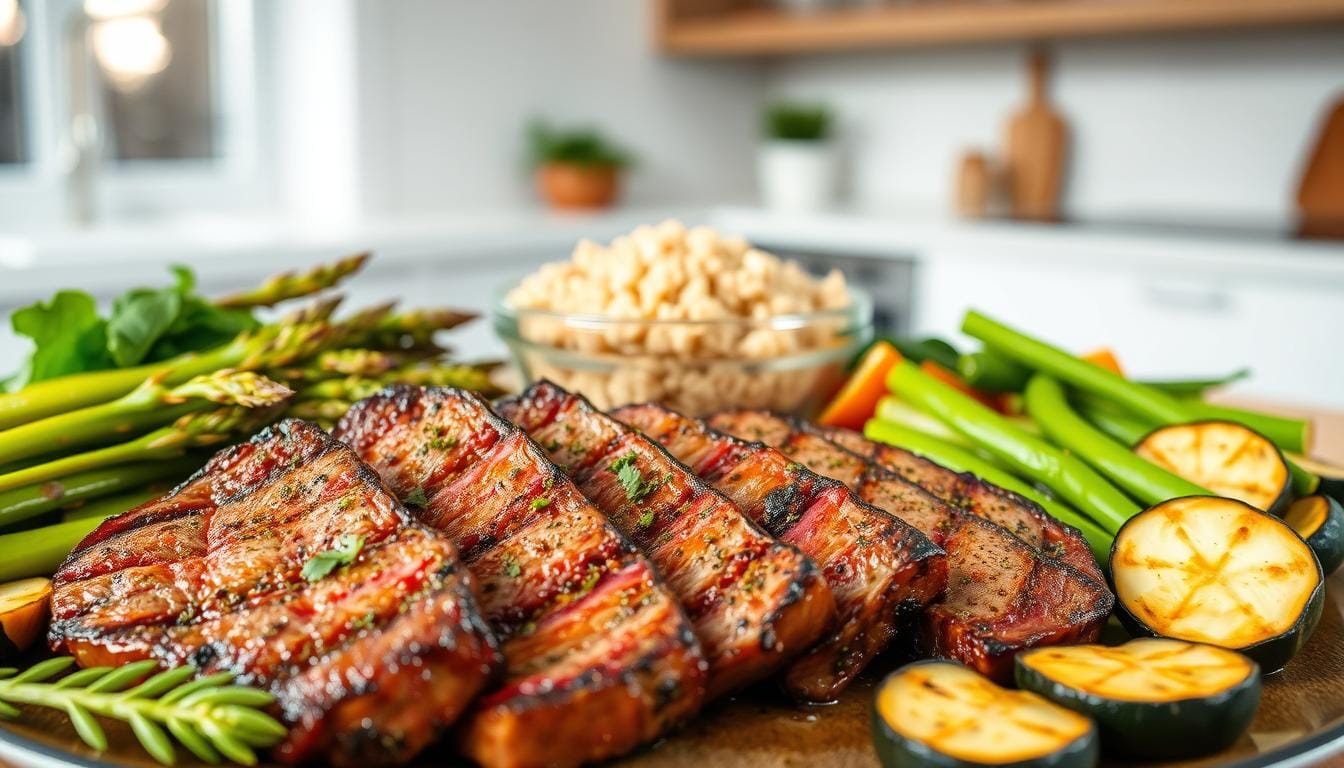 Grilled thin steak slices served with asparagus, quinoa, and fresh greens – a perfect dish from the best thin steak recipes for a healthy meal.