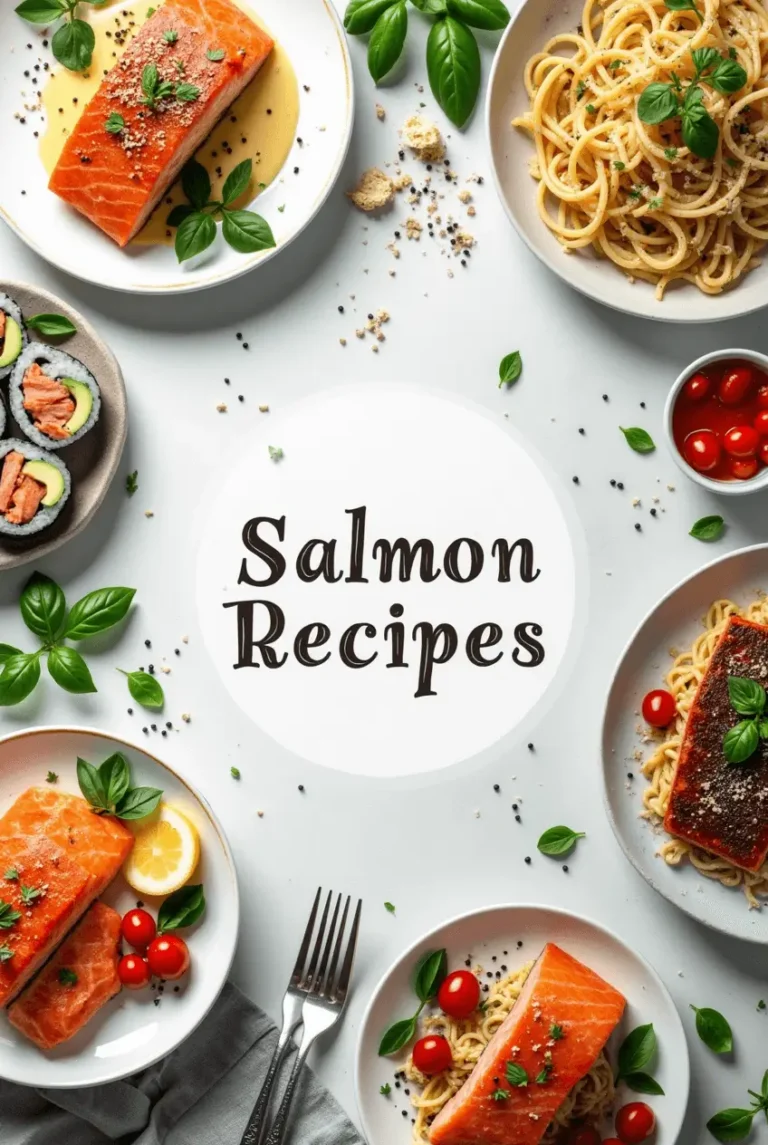 A top-down view of a beautifully arranged food composition featuring various salmon dishes, including grilled salmon with herbs, salmon sushi rolls, and salmon pasta, garnished with fresh basil and cherry tomatoes. The text 'Salmon Recipes' is displayed in the center..