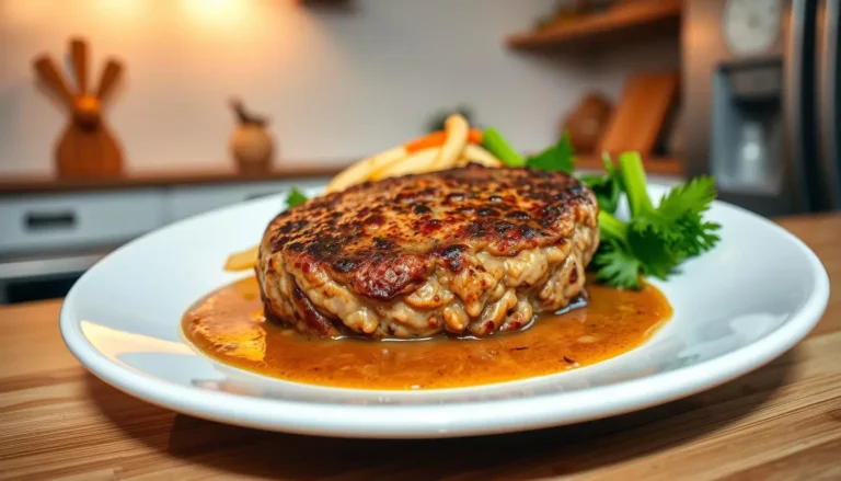 A juicy steak made with ground chicken, pan-seared to perfection, and covered in a rich brown sauce, served with crispy fries and fresh celery on a white plate.