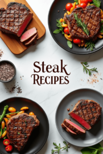 A beautifully arranged top-down view of various steak dishes, featuring grilled steaks with grill marks, fresh vegetables, and herbs on black and gray plates, with the text "Steak Recipes" in the center.